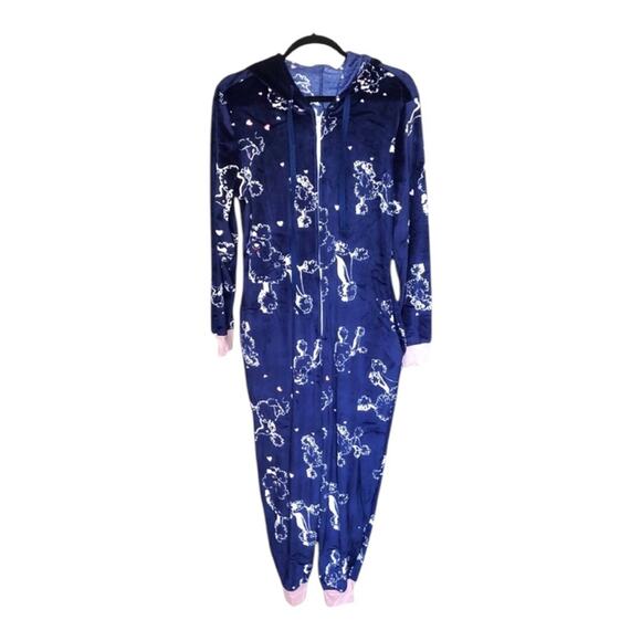 Hale Bob Pajamas NWT White Poodles Navy Pink Trim Wrist Ankles Hoodie Onesie Med - Picture 2 of 13